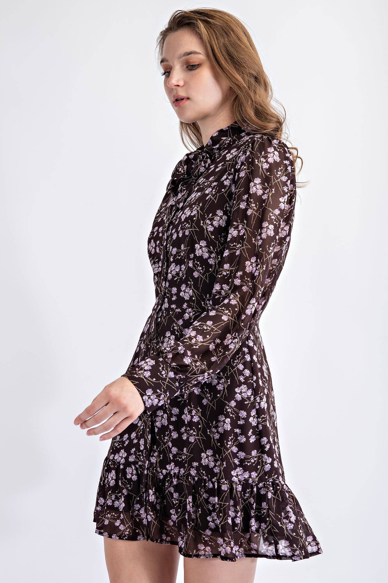 Edit by Nine - FLORAL PRINT BUTTON DOWN LONG SLEEVE MINI DRESS